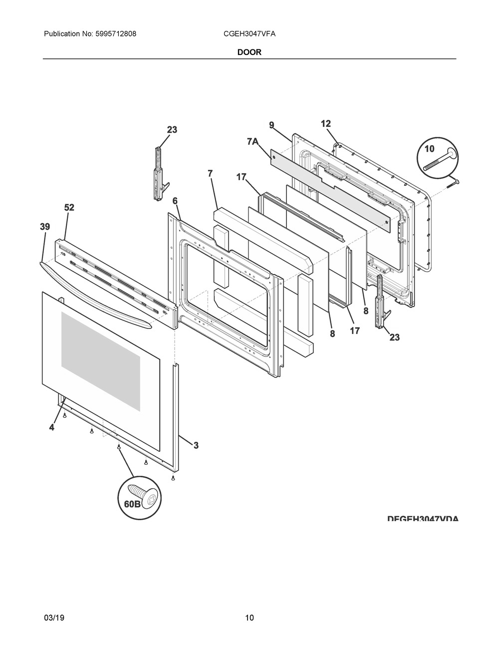 Door Diagram and Parts List for CGEH3047VFA  Frigidaire Range