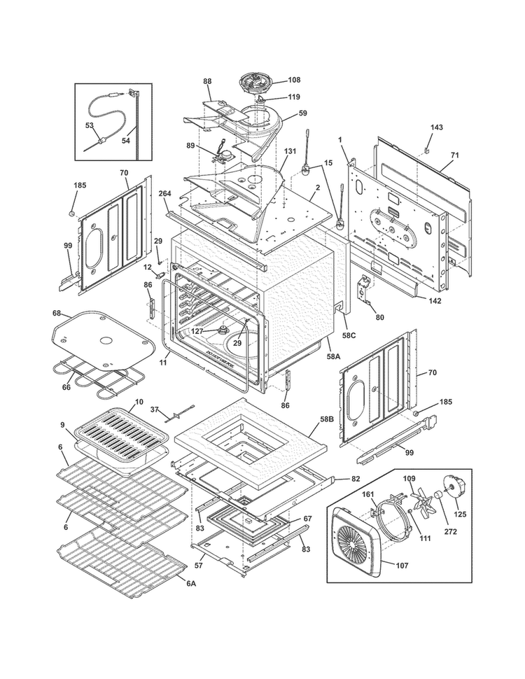 Upper Oven Diagram and Parts List for FGET3065PWB  Frigidaire Wall Oven