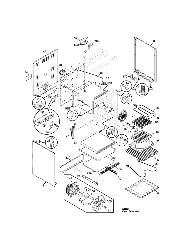 Body Diagram and Parts List for FEF389WJCA  Frigidaire Range