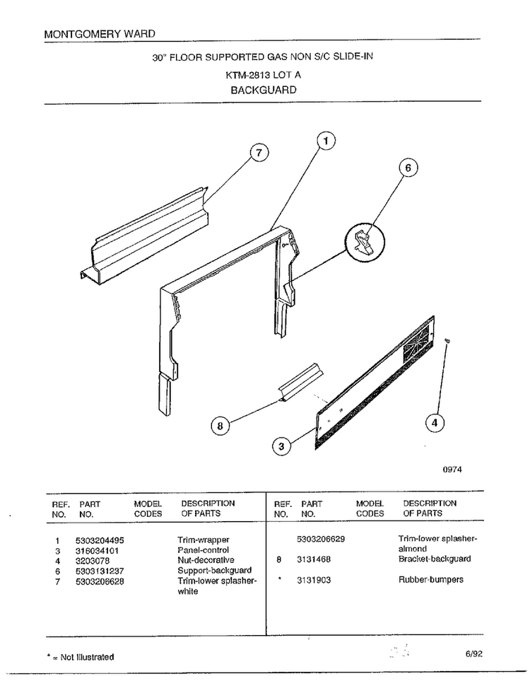 Backguard Diagram and Parts List for 2813A  Frigidaire Range