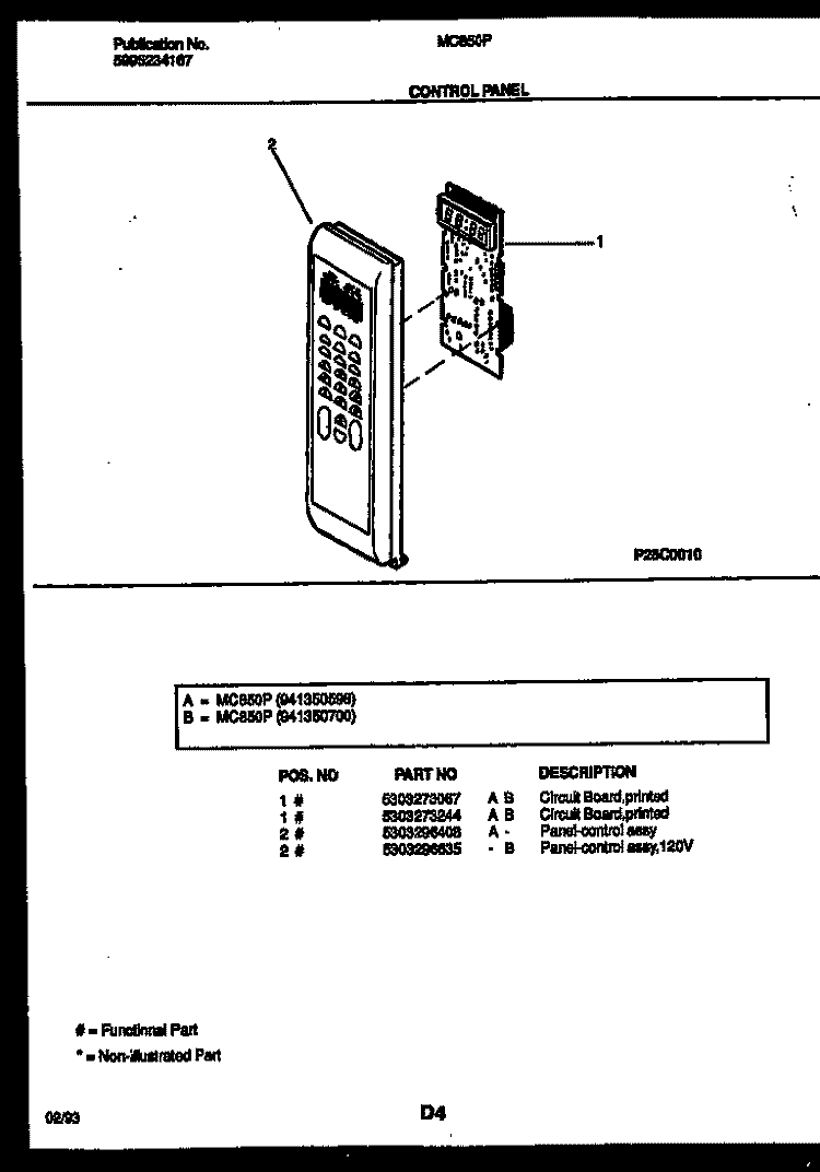 CONTROL PANEL Diagram and Parts List for MC850P10  Frigidaire Microwave