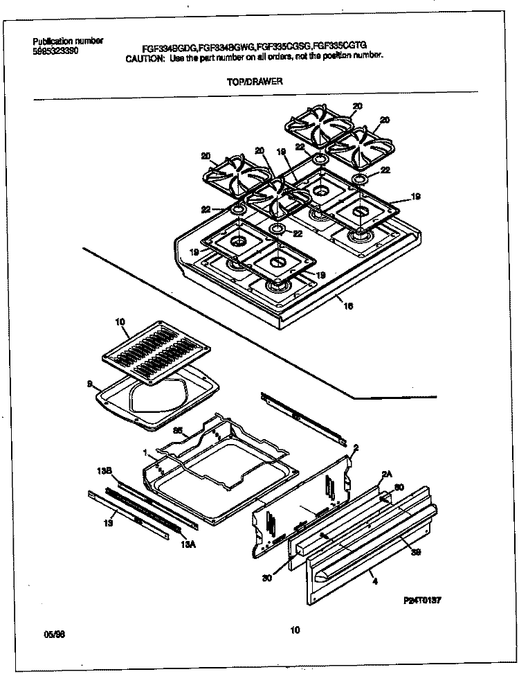 TOP / DRAWER Diagram and Parts List for FGF334BGDG  Frigidaire Range