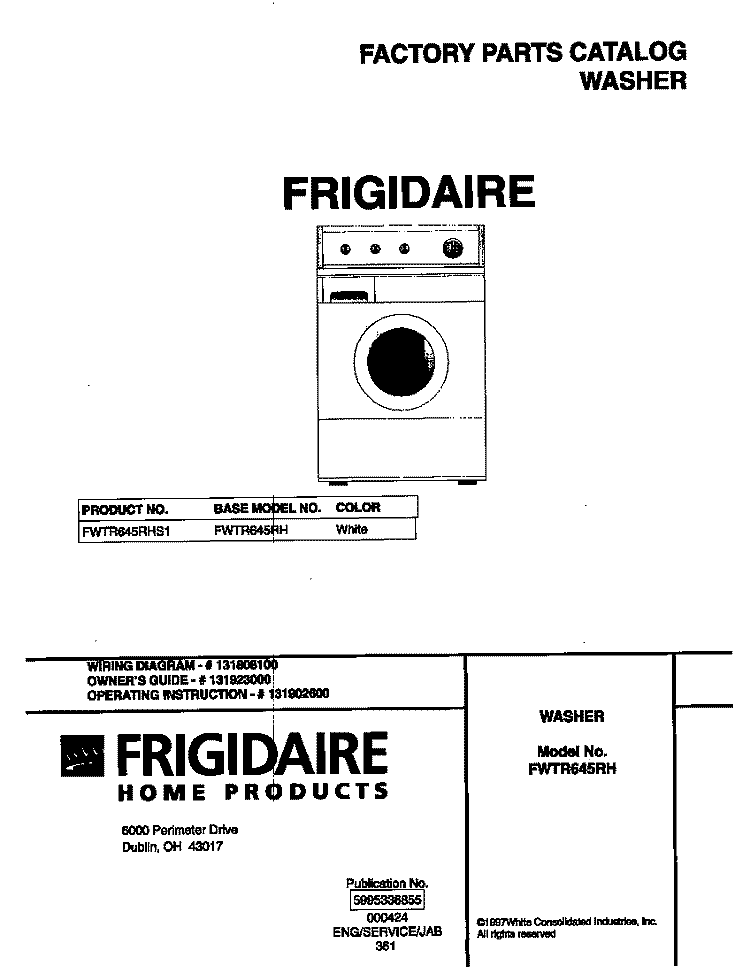COVER Diagram and Parts List for FWTR645RHS1  Frigidaire Washer