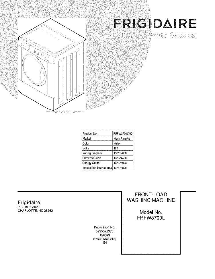 COVER Diagram and Parts List for FRFW3700LW0  Frigidaire Washer