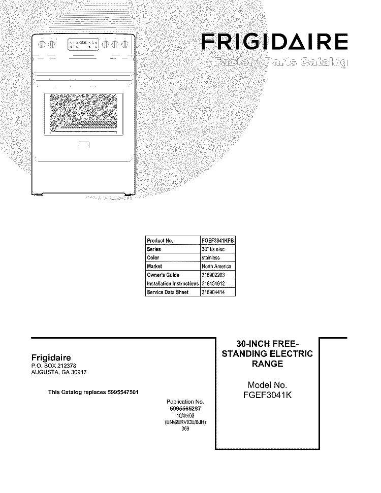 COVER Diagram and Parts List for FGEF3041KFB  Frigidaire Range