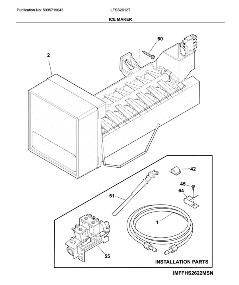 Ice Maker Diagram and Parts List for LFSS2612TF0  Frigidaire Refrigerator