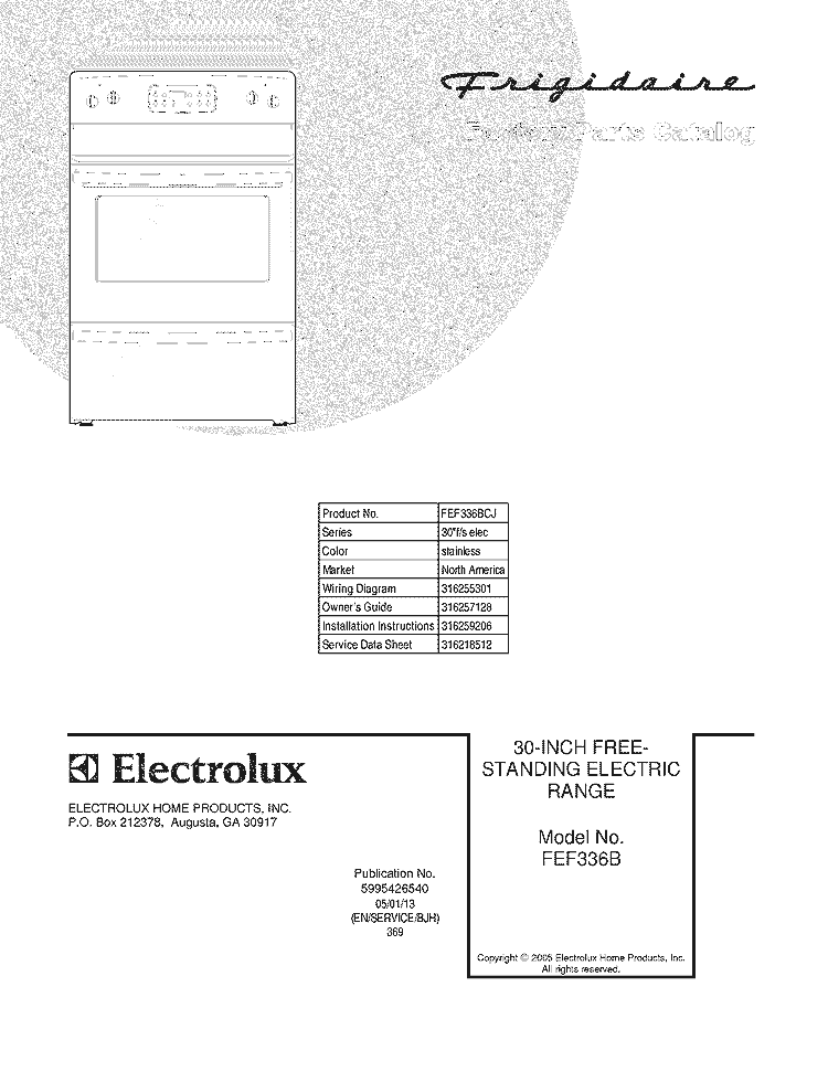 COVER Diagram and Parts List for FEF336BCJ  Frigidaire Range