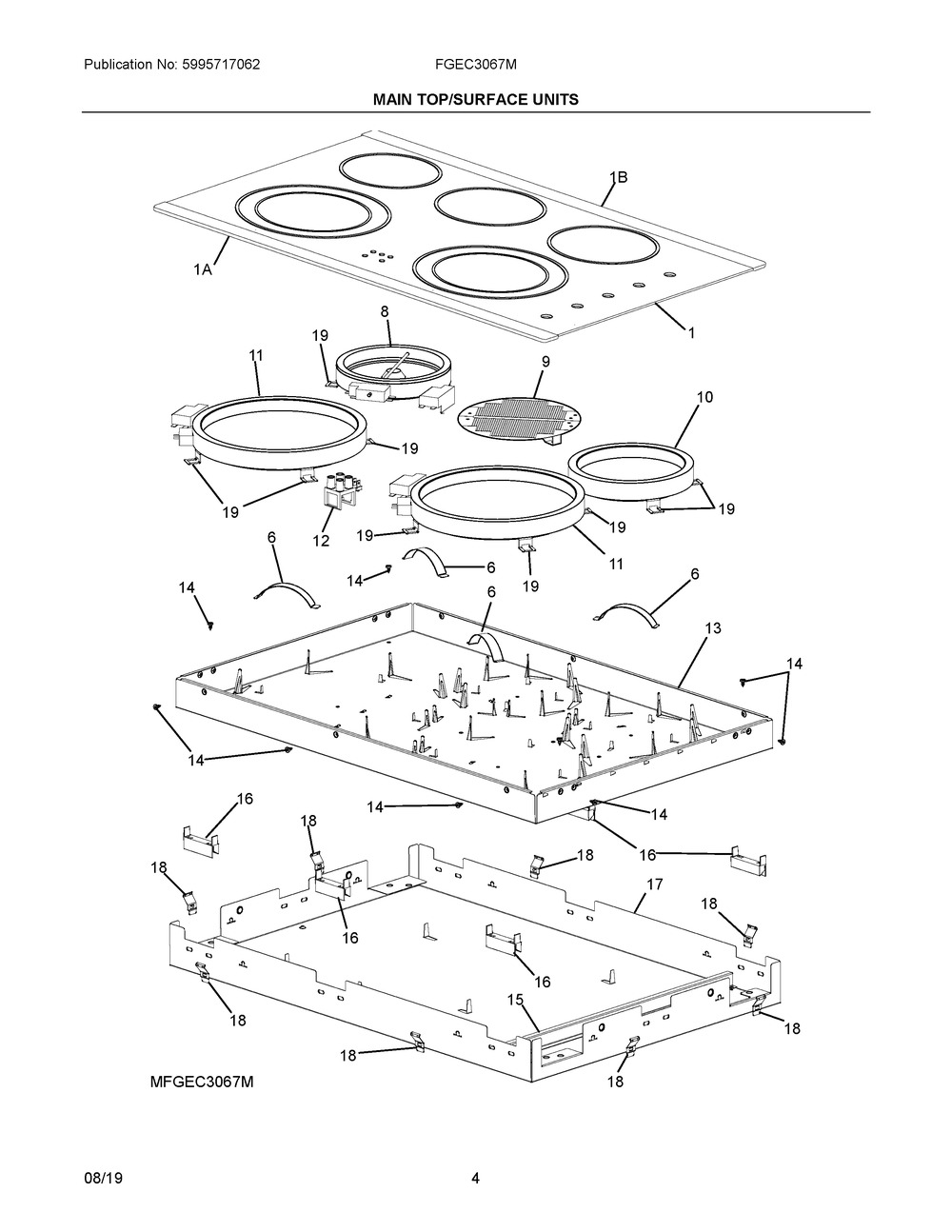 Main Top/surface Units Diagram and Parts List for FGEC3067MBB  Frigidaire Cooktop