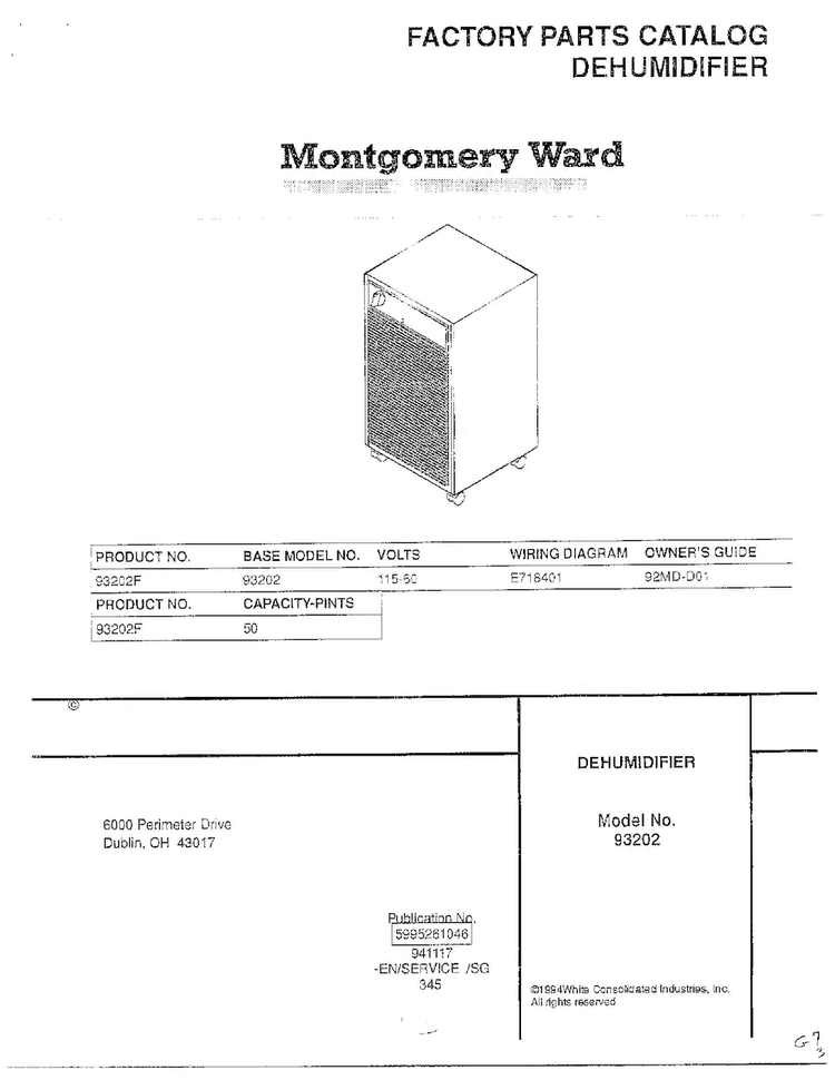 Dehumidifier Cover Page Diagram and Parts List for 93202F  Frigidaire Dehumidifier