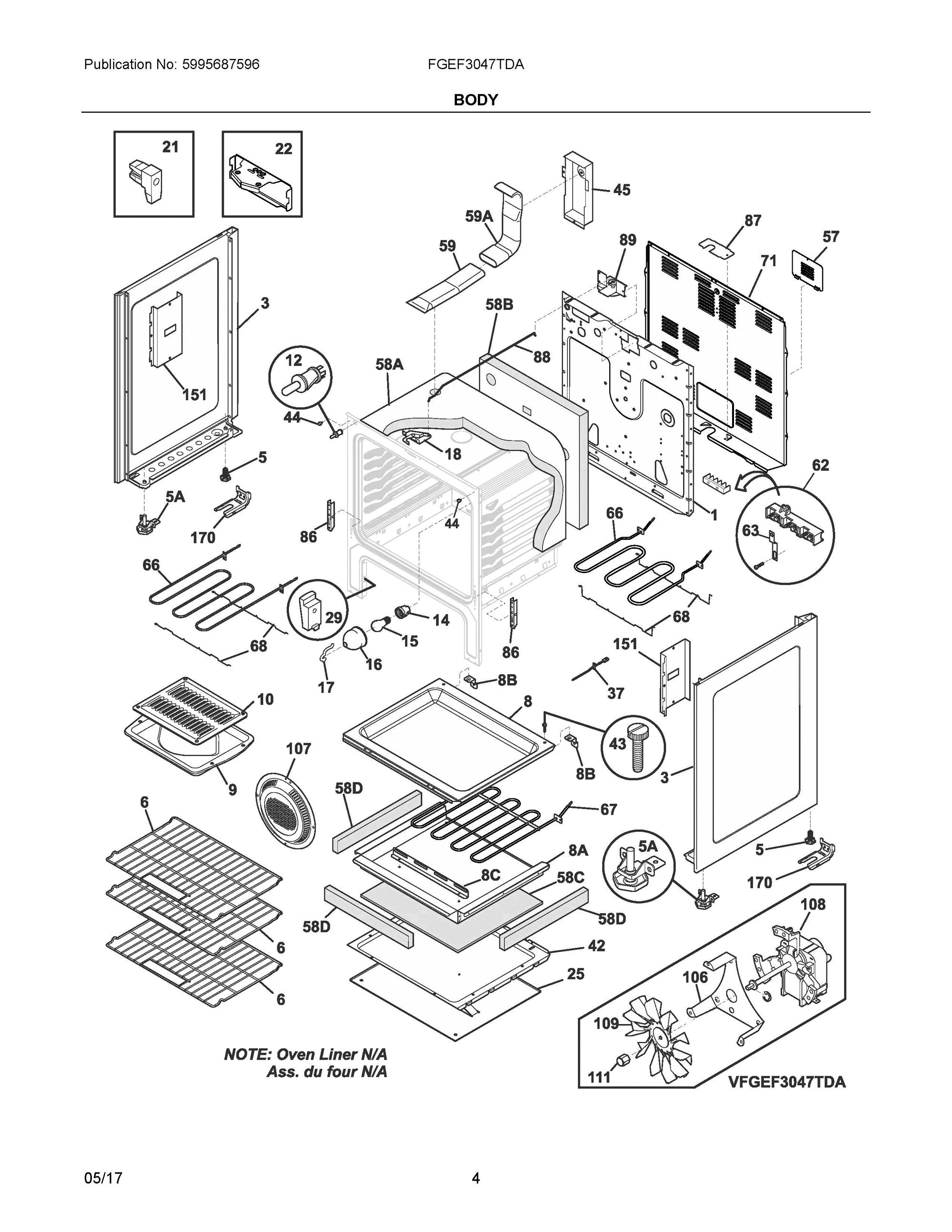 03 - BODY Diagram and Parts List for FGEF3047TDA  Frigidaire Range