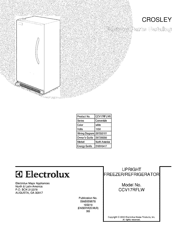 COVER Diagram and Parts List for CCV17RFLW0  Electrolux Refrigerator