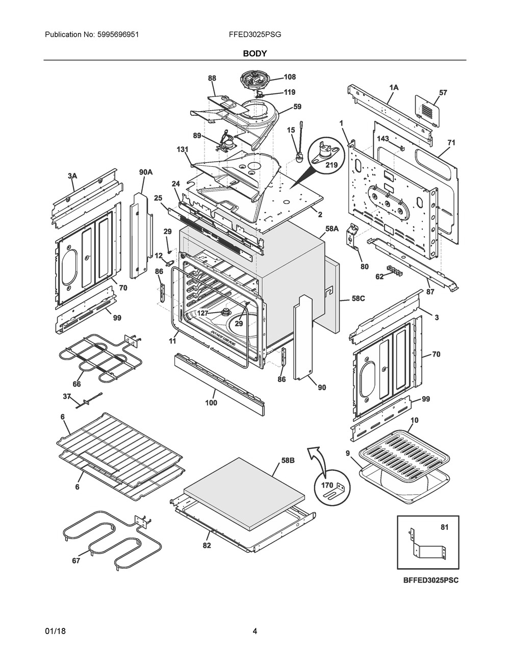 Body Diagram and Parts List for FFED3025PSG  Frigidaire Range