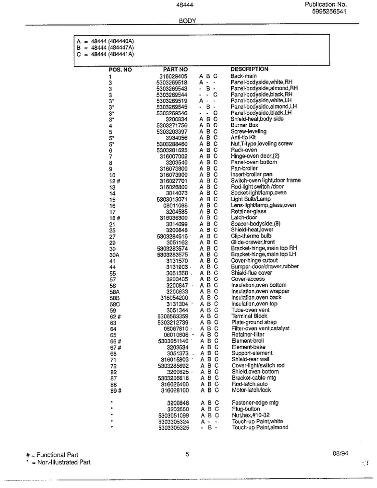 Body Page 2 Diagram and Parts List for 484440A  Frigidaire Range
