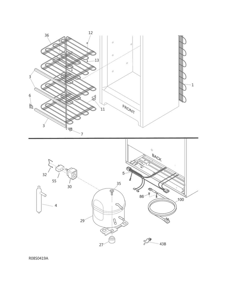 System Diagram and Parts List for FFFU13M1QWC  Frigidaire Freezer