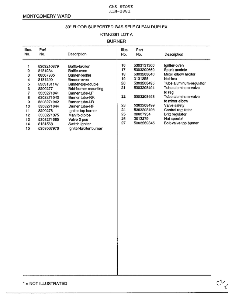 Burner Page 2 Diagram and Parts List for 2881  Frigidaire Range