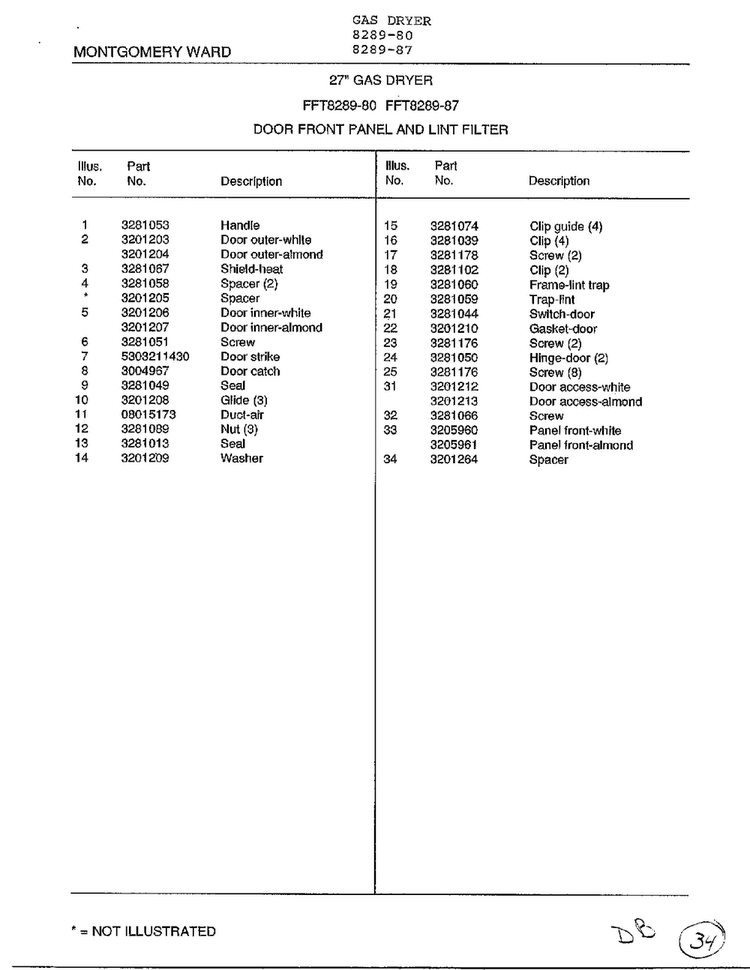 Door Front Panel And Lint Filter Page 2 Diagram and Parts List for 8289-87  Frigidaire Dryer