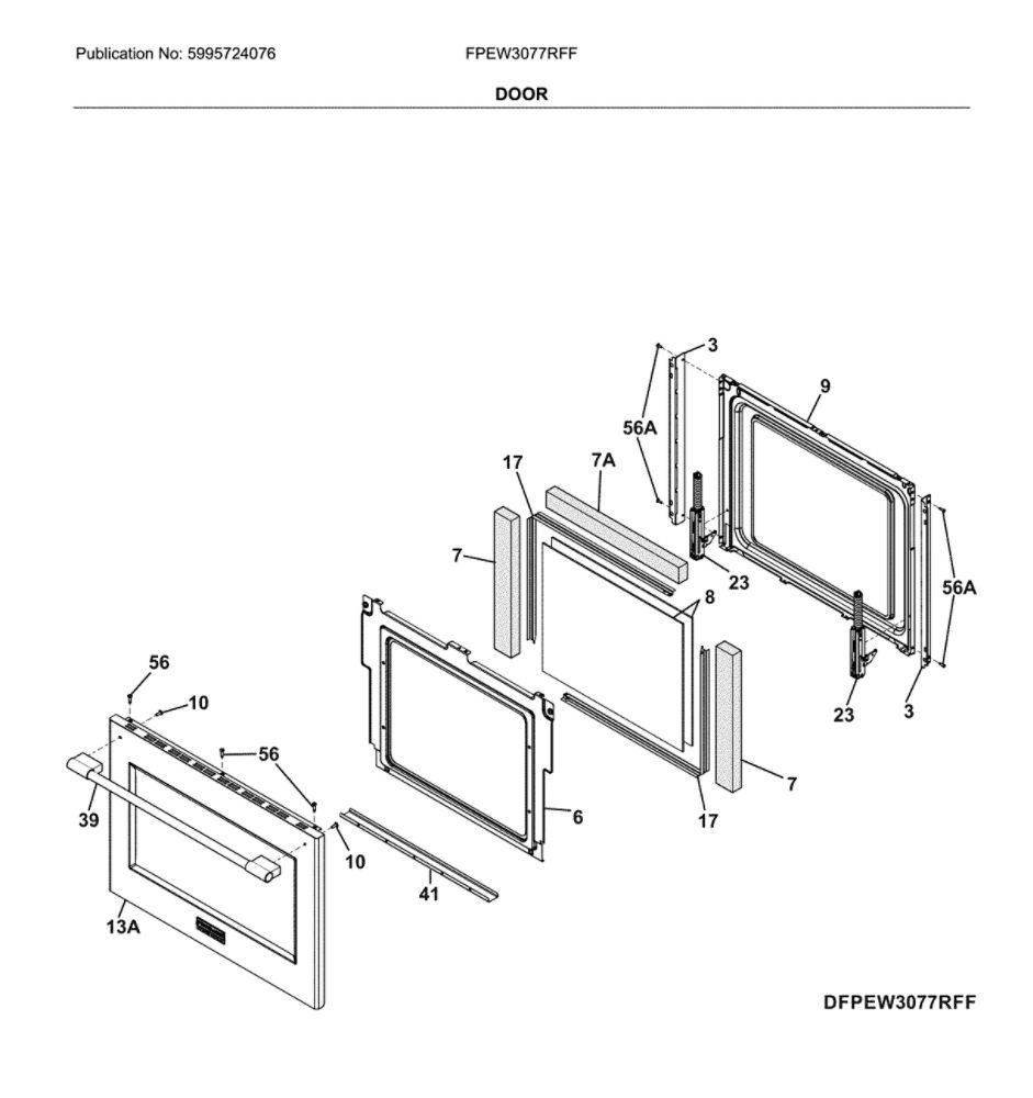 Door Diagram and Parts List for FPEW3077RFF  Frigidaire Wall Oven