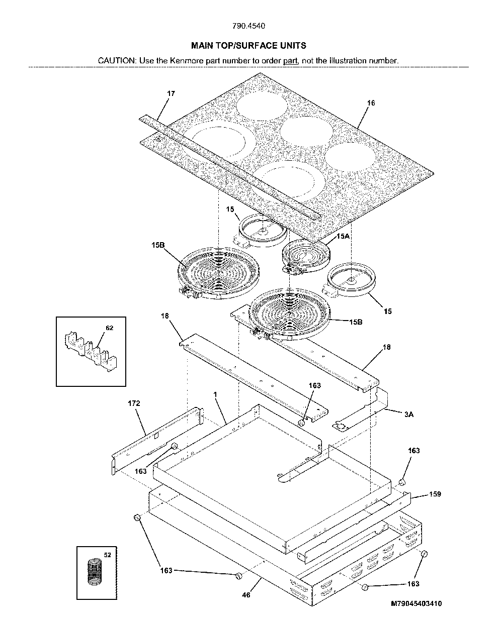 Main top/surface units Diagram and Parts List for 79045409411  Kenmore Cooktop