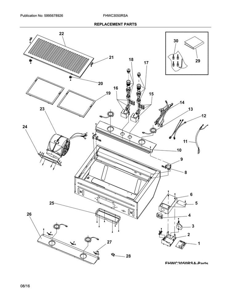 Replacement Parts Diagram and Parts List for FHWC3050RSA  Frigidaire Range Hood