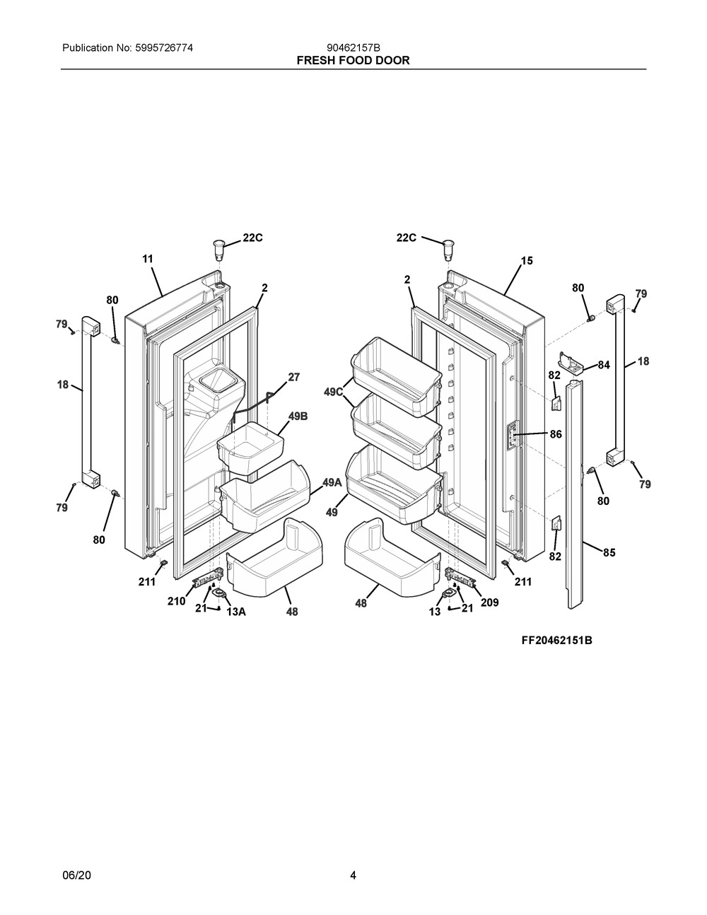 Fresh Food Door Diagram and Parts List for 90462157B  Frigidaire Refrigerator