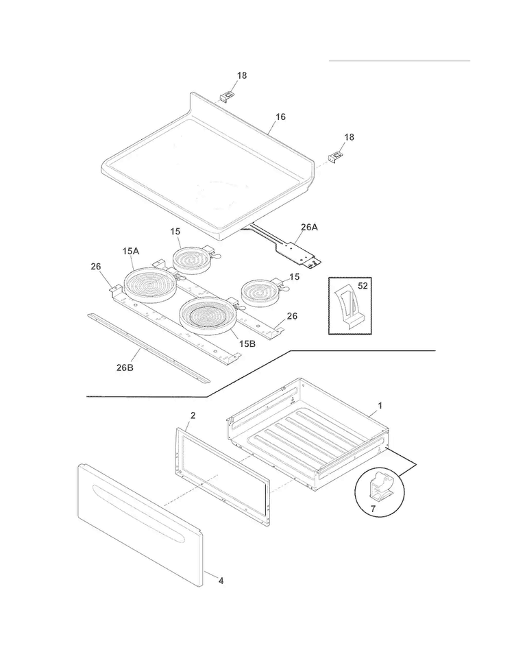 Top/drawer Diagram and Parts List for LFEF3018LWE  Frigidaire Range