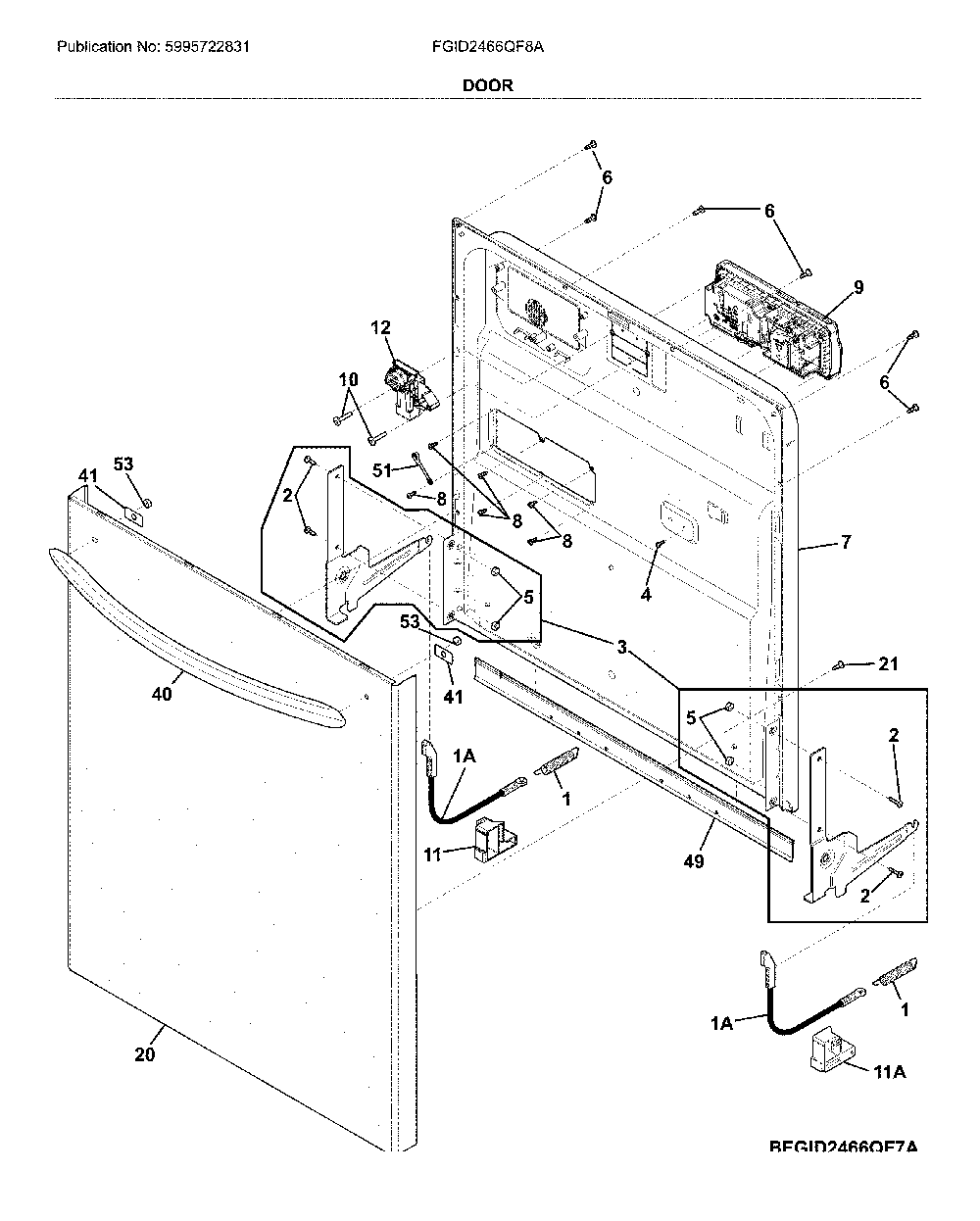 Door Diagram and Parts List for FGID2466QF8A  Frigidaire Dishwasher