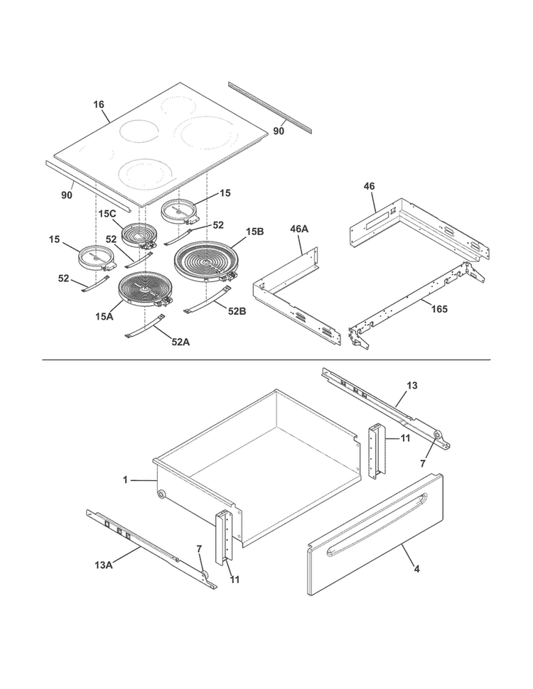 Top/drawer Diagram and Parts List for CGES3065PWB  Frigidaire Range