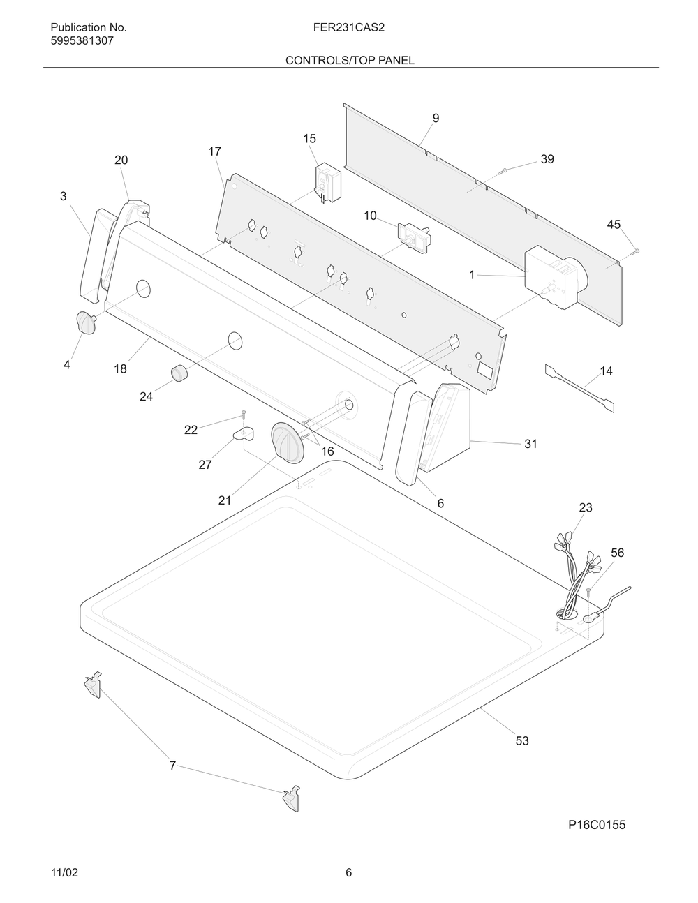 Controls/Top Panel Diagram and Parts List for FER231CAS2  Frigidaire Dryer