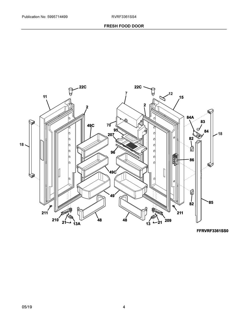 Fresh Food Door Diagram and Parts List for RVRF3361SS4  Frigidaire Refrigerator