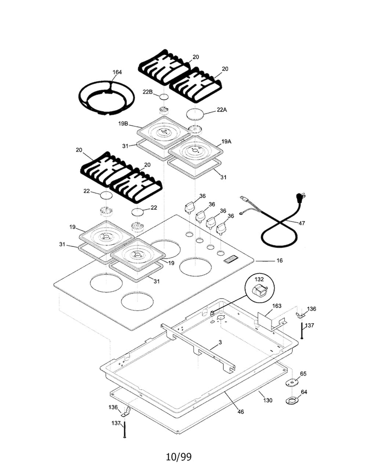 Cooktop Diagram and Parts List for 33009  Frigidaire Cooktop