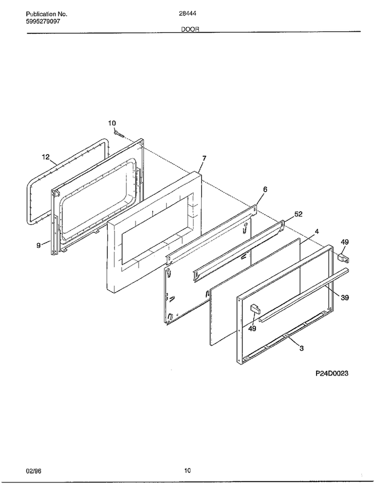 Door Diagram and Parts List for 284440B  Frigidaire Range