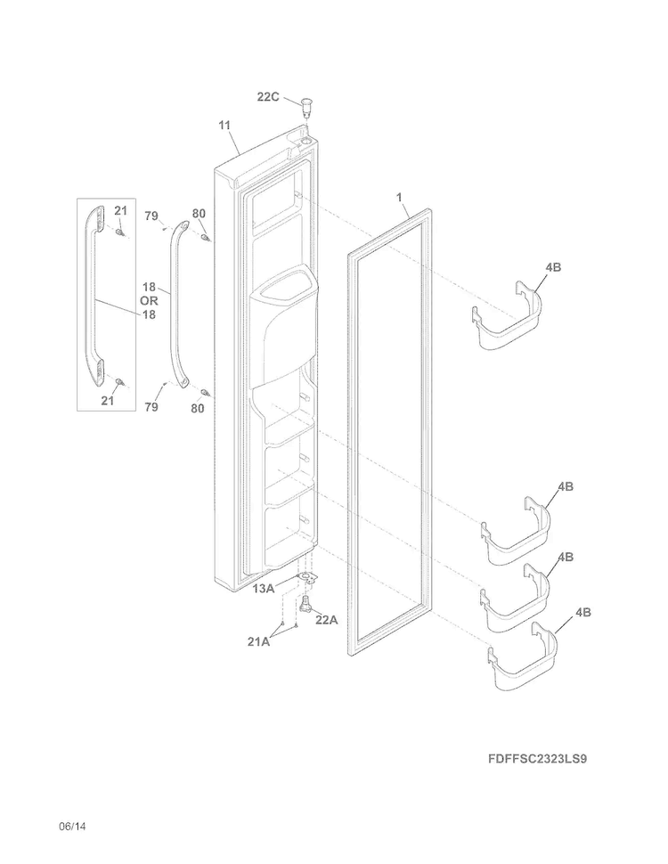 Freezer Door Diagram and Parts List for FFSC2323LEA  Frigidaire Refrigerator