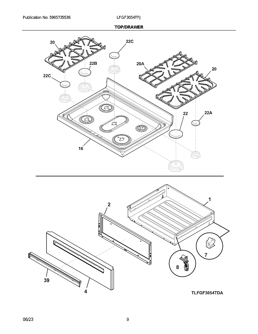 Top/Drawer Diagram and Parts List for LFGF3054TFJ  Frigidaire Range