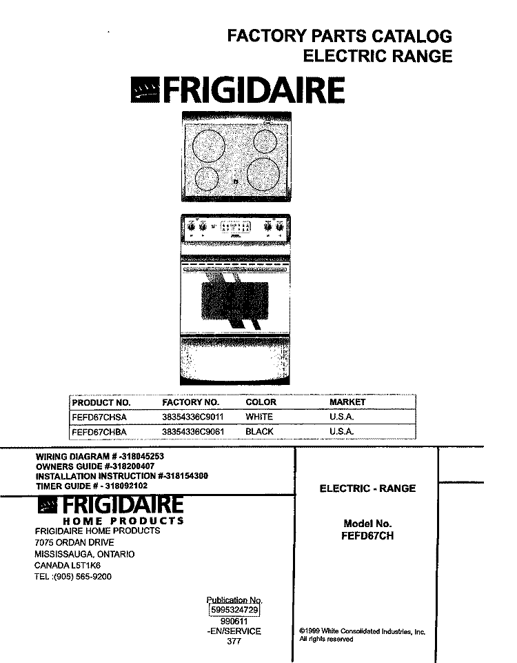 COVER Diagram and Parts List for FEFD67CHBA  Frigidaire Range