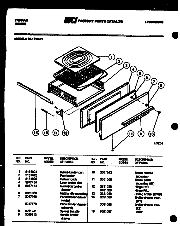 BROILER DRAWER PARTS Diagram and Parts List for 32-1014-23-01  Tappan Range