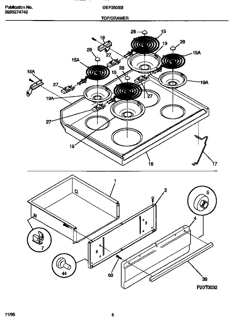 TOP / DRAWER Diagram and Parts List for GEF350SBDC  Gibson Range