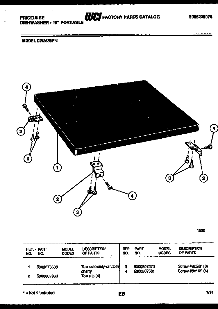 TOP PARTS Diagram and Parts List for DW2558PW1  Frigidaire Dishwasher