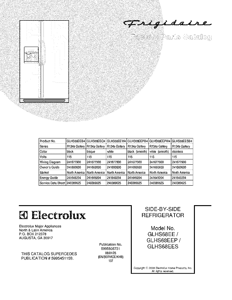 COVER Diagram and Parts List for GLHS68EEQ4  Frigidaire Refrigerator