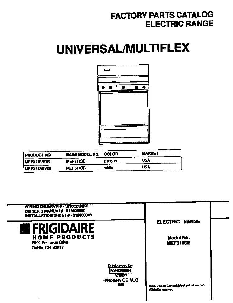 COVER Diagram and Parts List for MEF311SBWG  Frigidaire Range