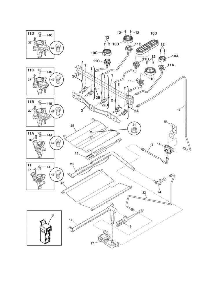 Burner Diagram and Parts List for FGGF3054MBD  Frigidaire Range