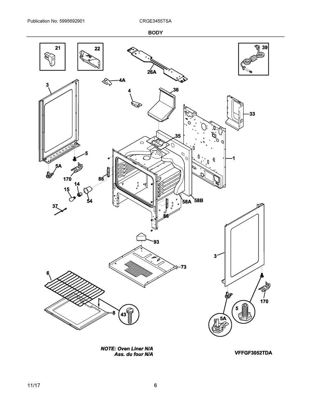Body Diagram and Parts List for CRGE3455TSA  Frigidaire Range