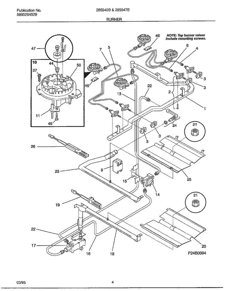 Burner Diagram and Parts List for 285947B  Frigidaire Range