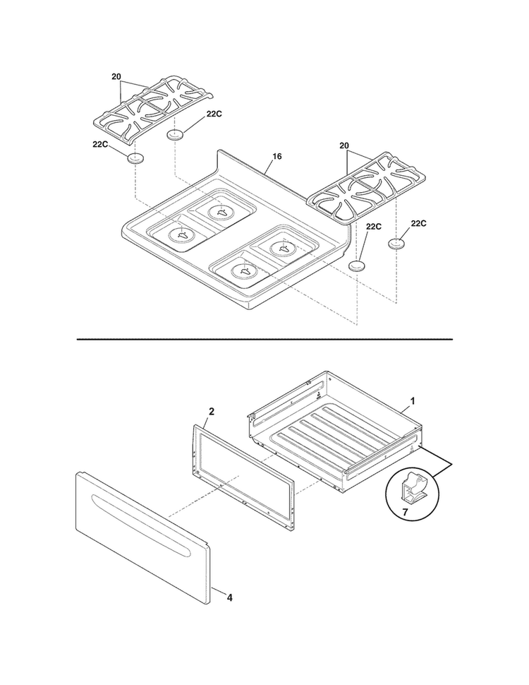 Top/drawer Diagram and Parts List for FFGF3021ZWC  Frigidaire Range