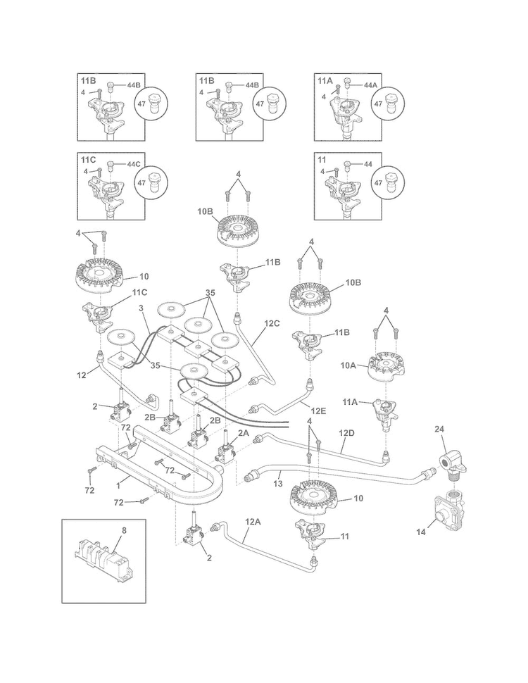 Burner Diagram and Parts List for E36GC70FSS3  Electrolux Cooktop