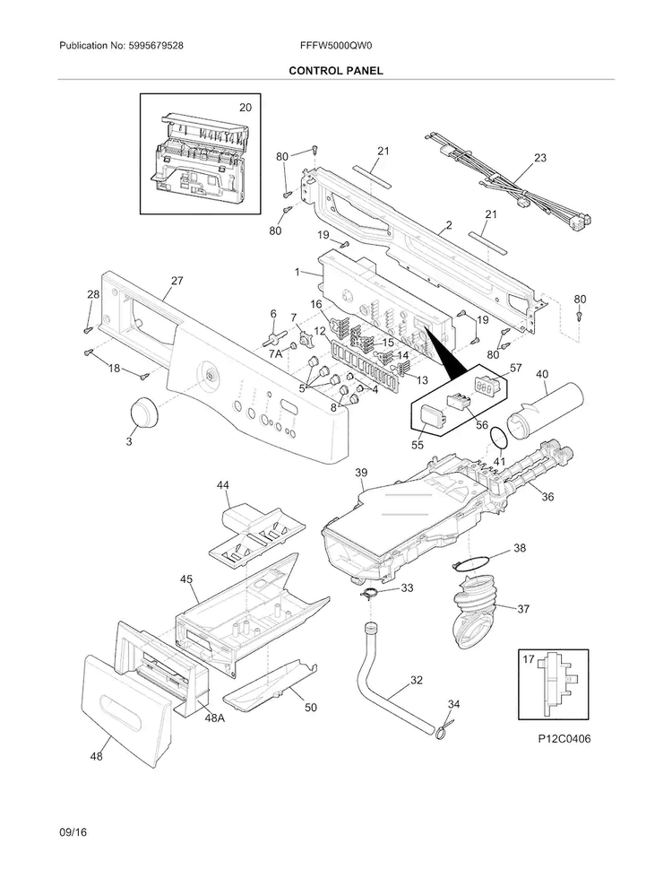 Control Panel Diagram and Parts List for FFFW5000QW0  Frigidaire Washer