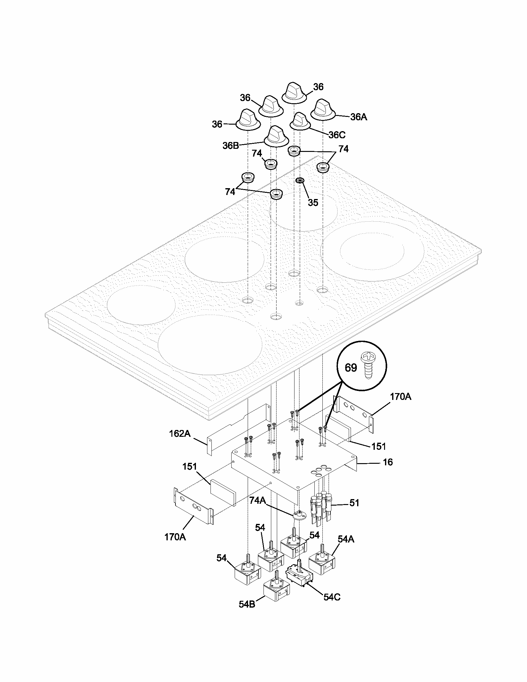 Controls Diagram and Parts List for 79042741401  Kenmore Cooktop