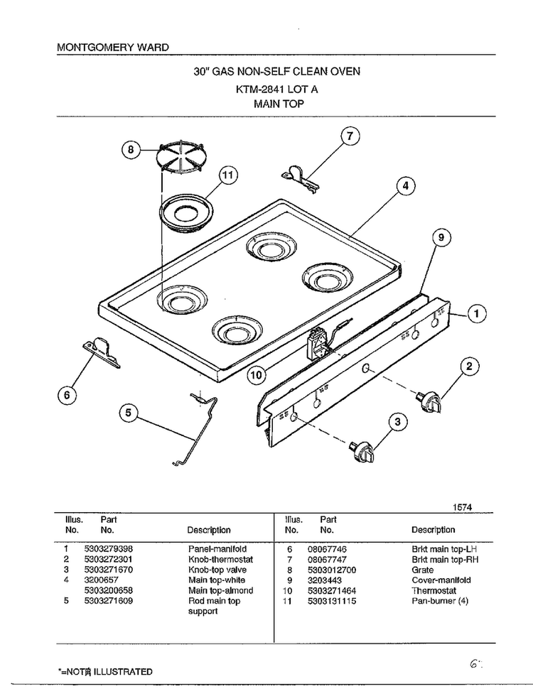 Main Top Diagram and Parts List for 2841A  Frigidaire Range