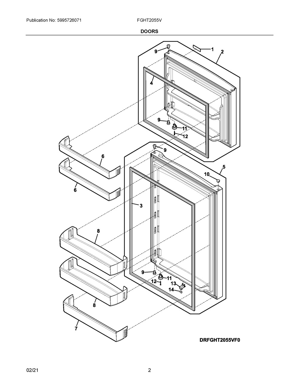 Doors Diagram and Parts List for FGHT2055VD0  Frigidaire Refrigerator
