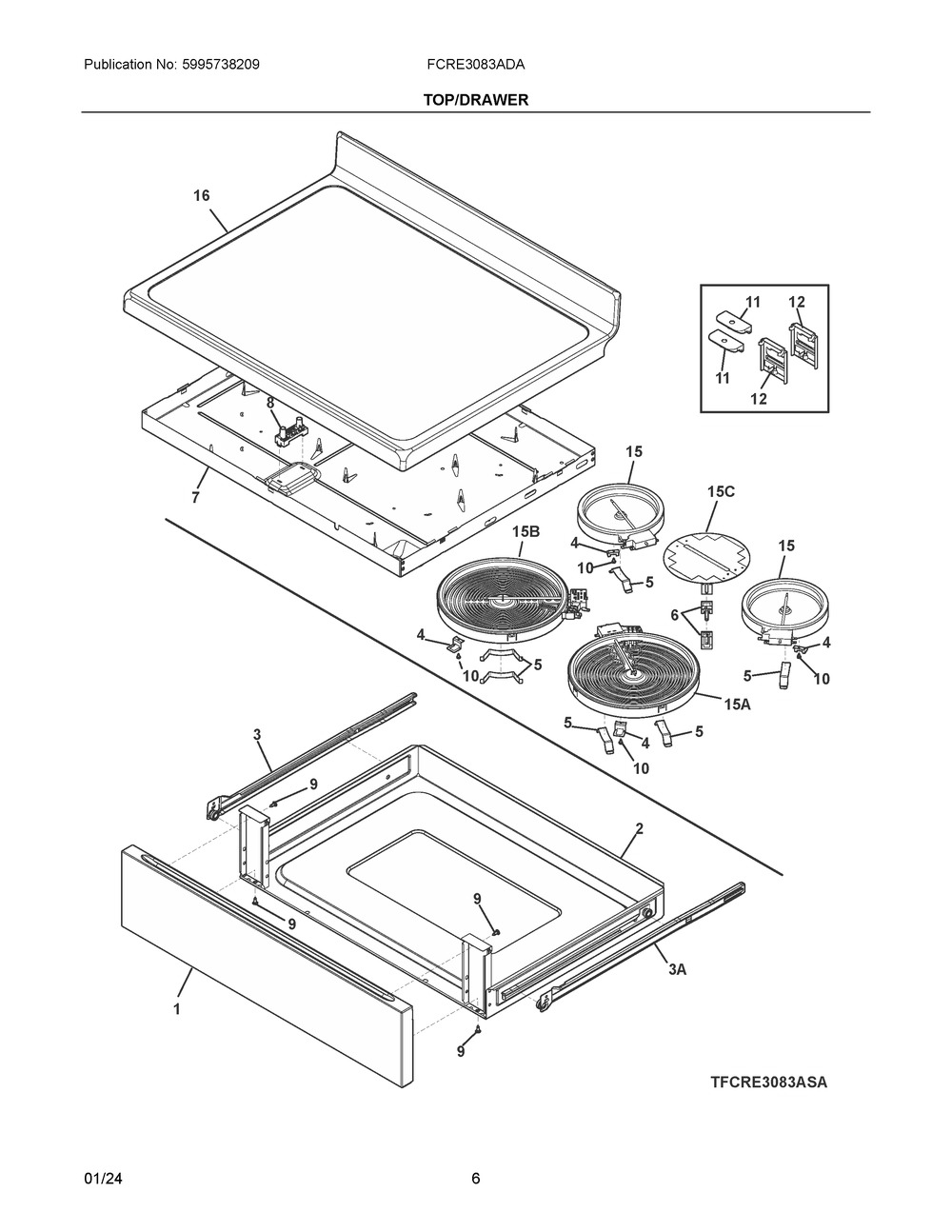 Top/Drawer Diagram and Parts List for FCRE3083ADA  Frigidaire Range