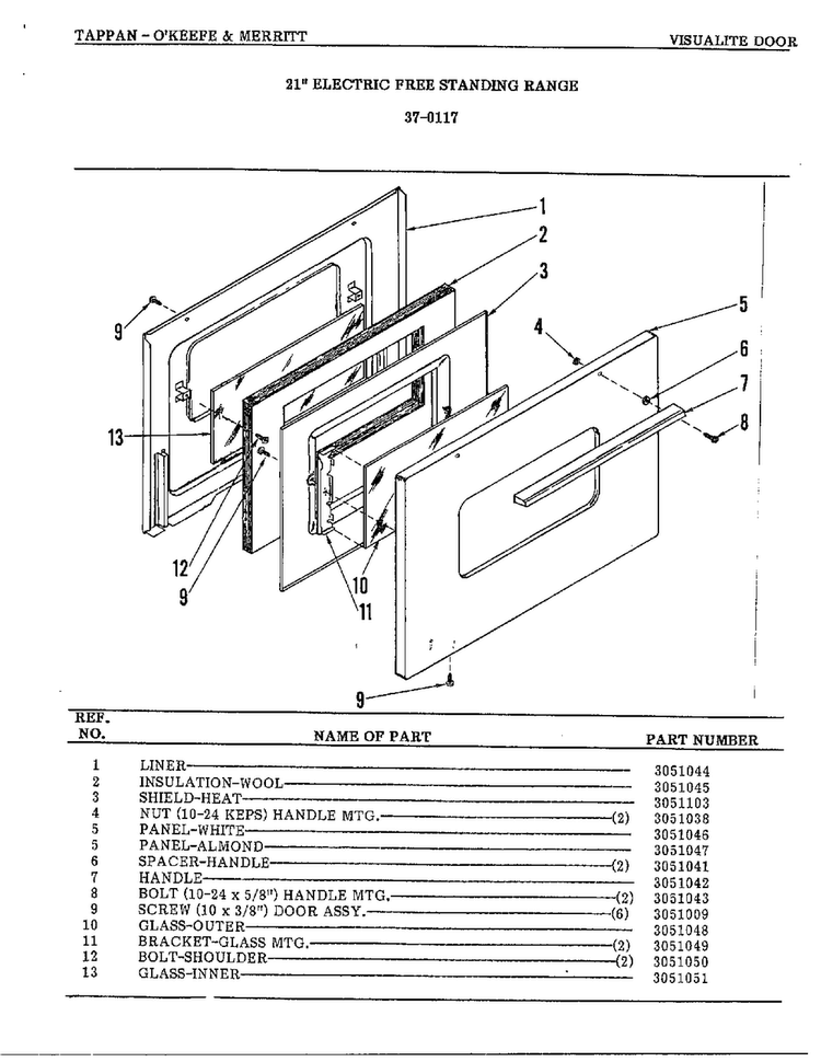 Visualite Door Page 2 Diagram and Parts List for 37-0117  Frigidaire Range